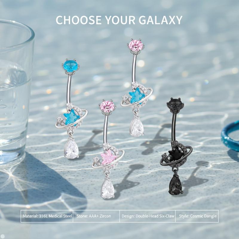 빛나는 지르콘 댕글 배꼽 링, 우주 테마 스테인리스 스 - Body Jewelry Universe 리뷰 및 가격