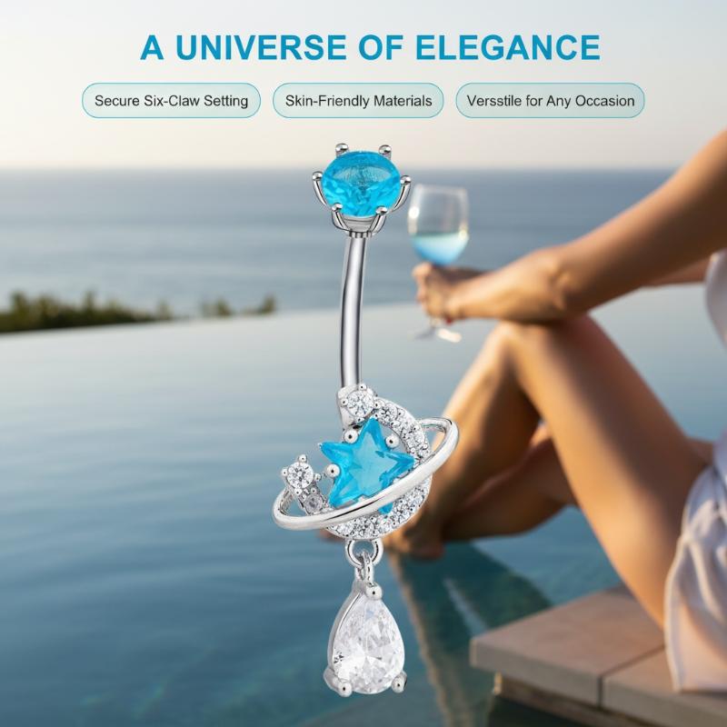 빛나는 지르콘 댕글 배꼽 링, 우주 테마 스테인리스 스 - Body Jewelry Universe 리뷰 및 가격